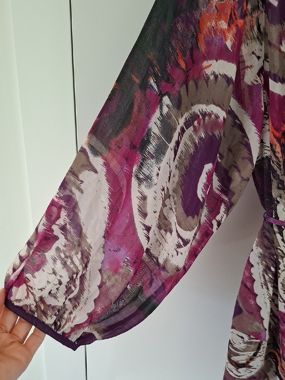 Olsen Purple & Orange Sheer Cowl-neck Balloon-sleeve Tie-waist Tunic (Size M) - Picture 4 of 7